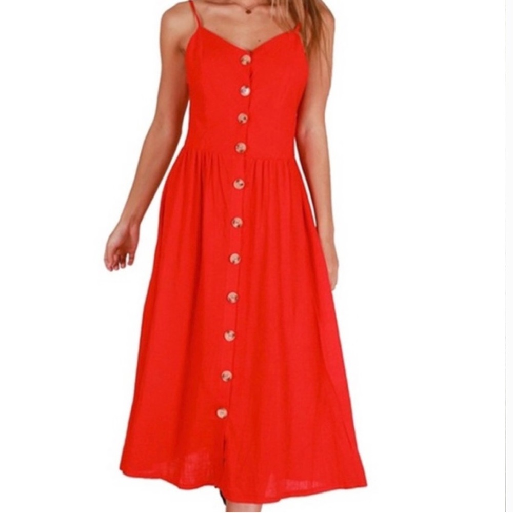 Japna Red Button Front Midi Dress